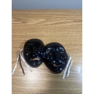 Theater Happy Sad‎ Mask Ornament Black Ceramic Vintage 1980s